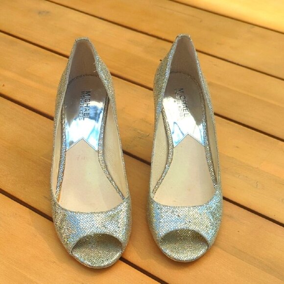 Michael Kors Silver Gold Open Toe  Glitter Heels - Size 10 Great Condition - Picture 1 of 7